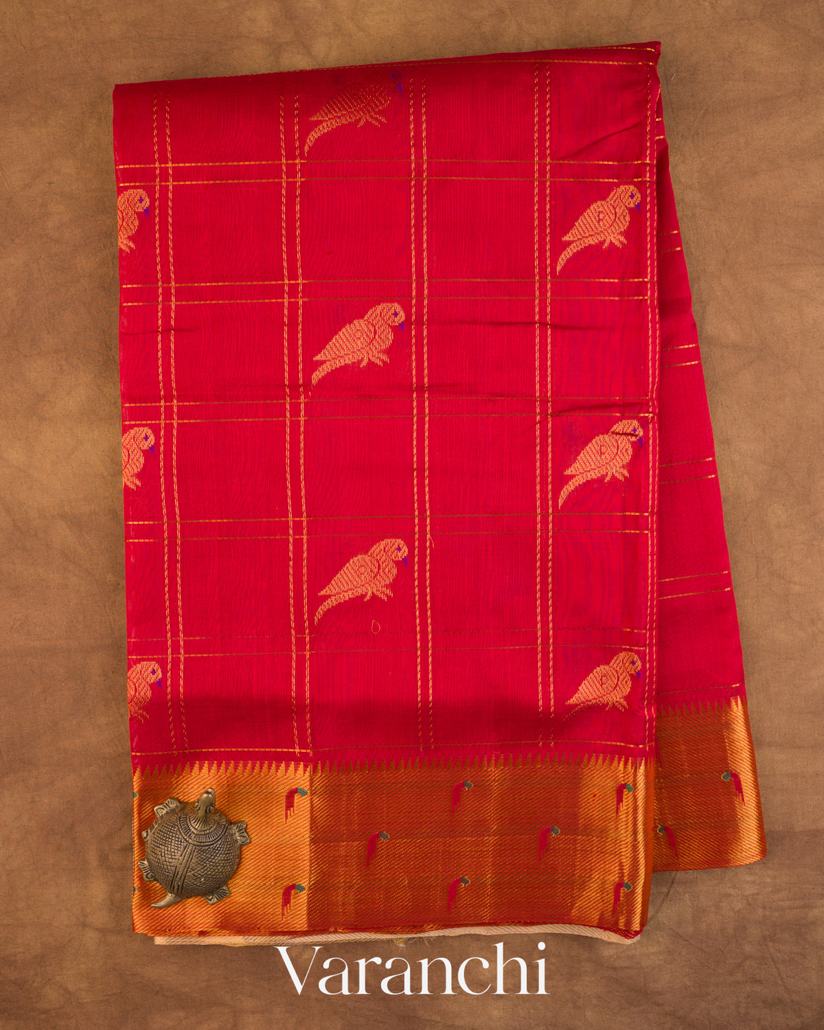Crimson Red Paithani Pure Kanchipuram Silk Cotton Handloom Saree — Full Saree