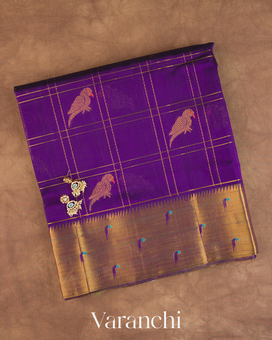 Purple Checkered Pure Kanchipuram Silk Cotton Handloom Saree