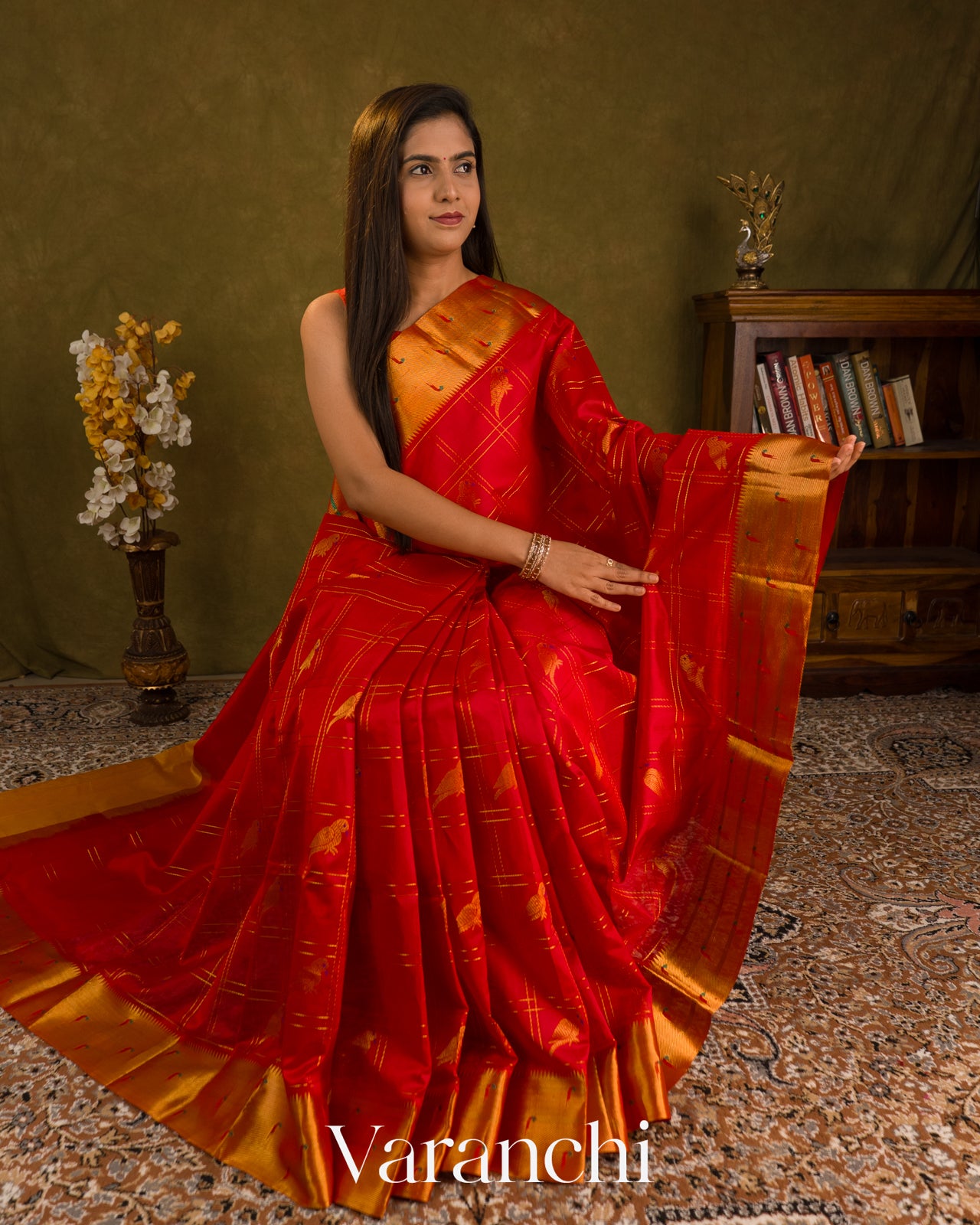 Chilly Red Paithani Pure Kanchipuram Silk Cotton Handloom Saree — Draped