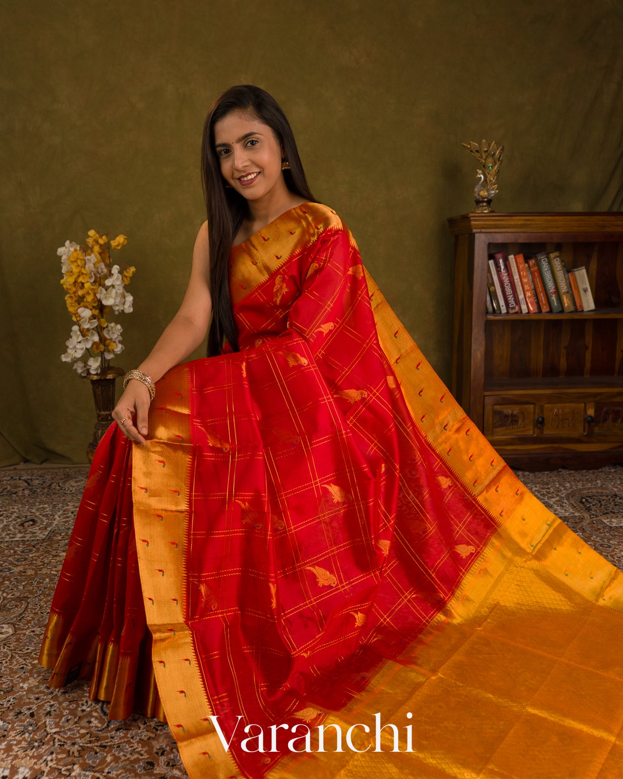 Chilly Red Paithani Pure Kanchipuram Silk Cotton Handloom Saree — Draped