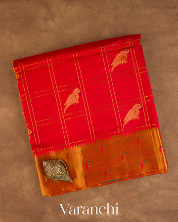 Crimson Red Checkered Pure Kanchipuram Silk Cotton Handloom Saree