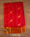 Crimson Red Checkered Pure Kanchipuram Silk Cotton Handloom Saree