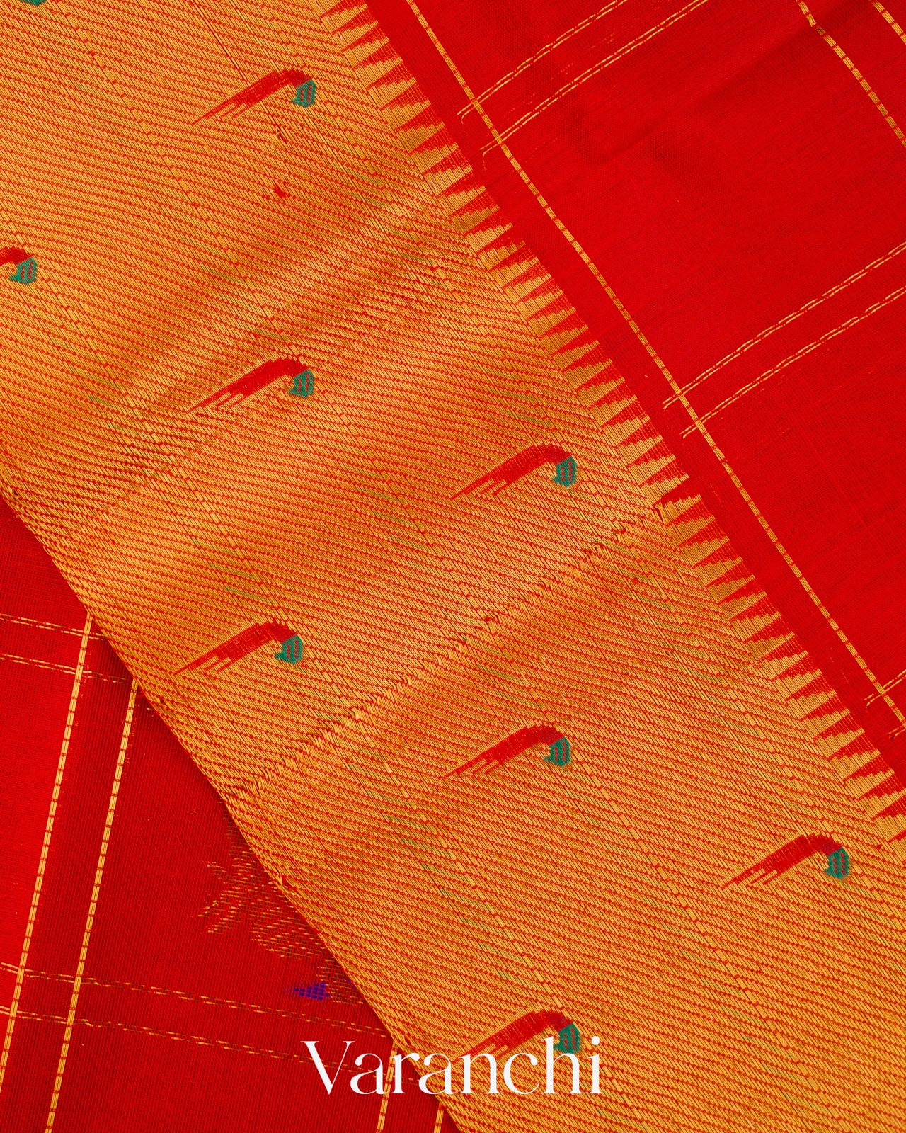 Crimson Red Checkered Pure Kanchipuram Silk Cotton Handloom Saree