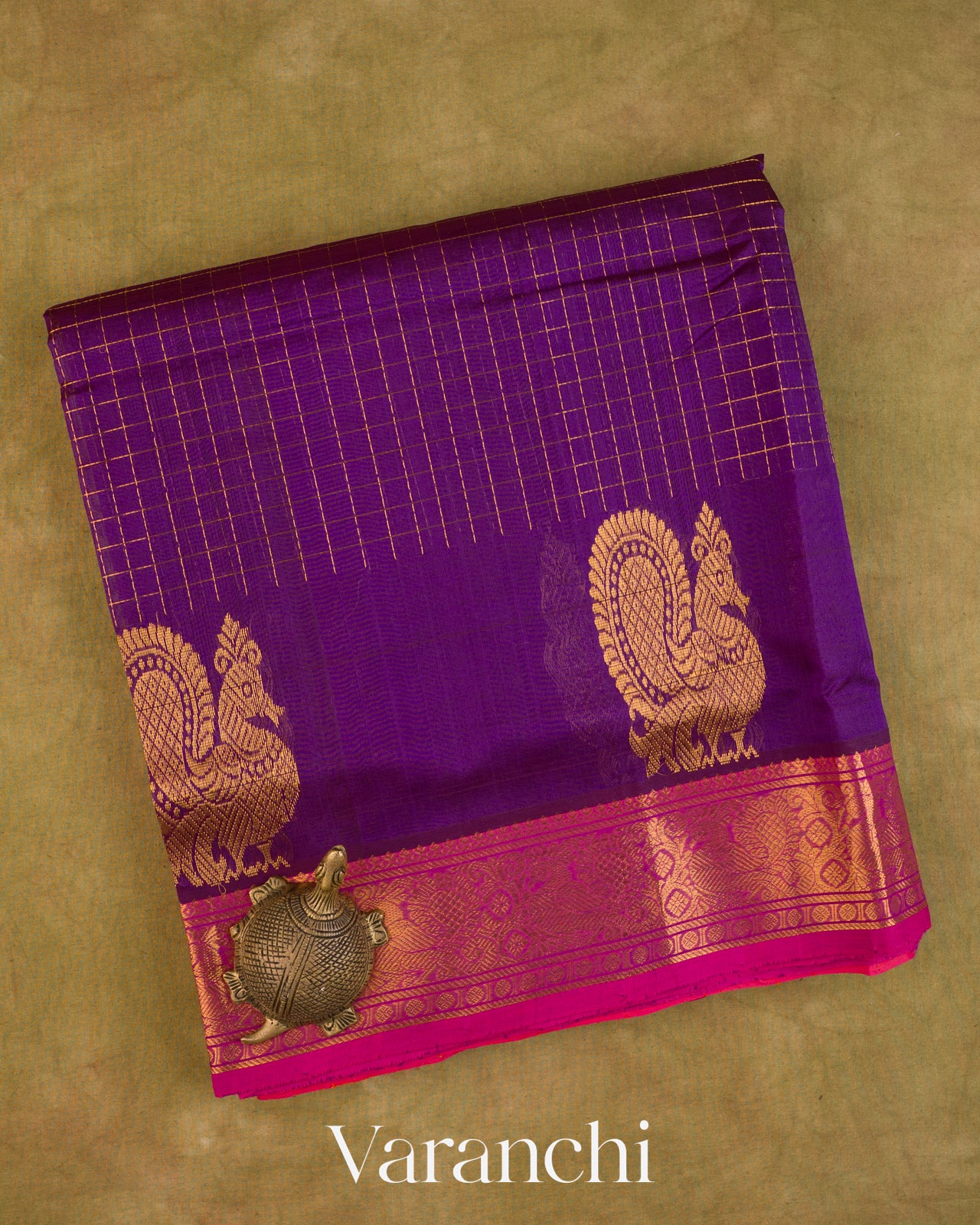 Purple Checkered Pure Kanchipuram Silk Cotton Handloom Saree