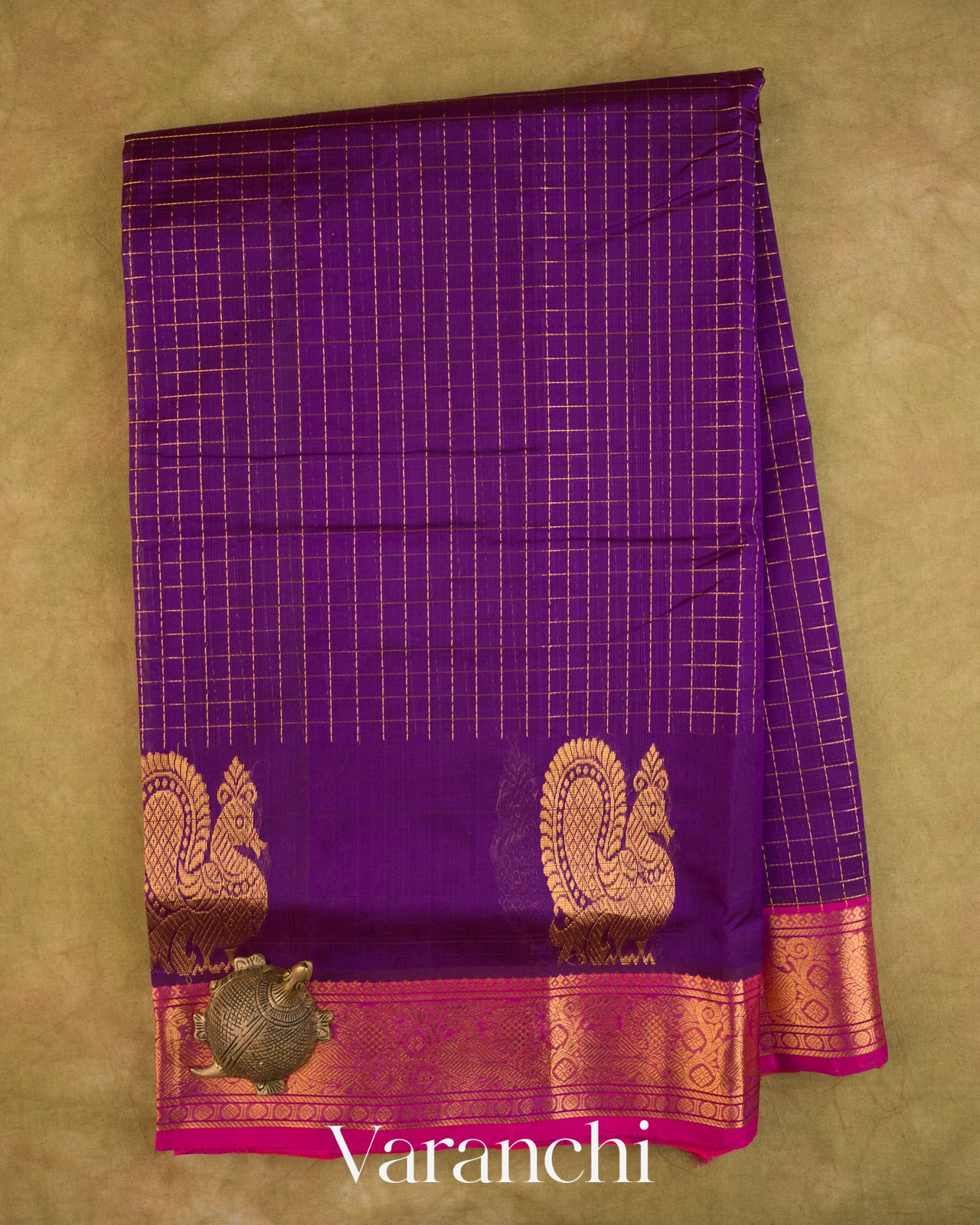 Purple Checkered Pure Kanchipuram Silk Cotton Handloom Saree