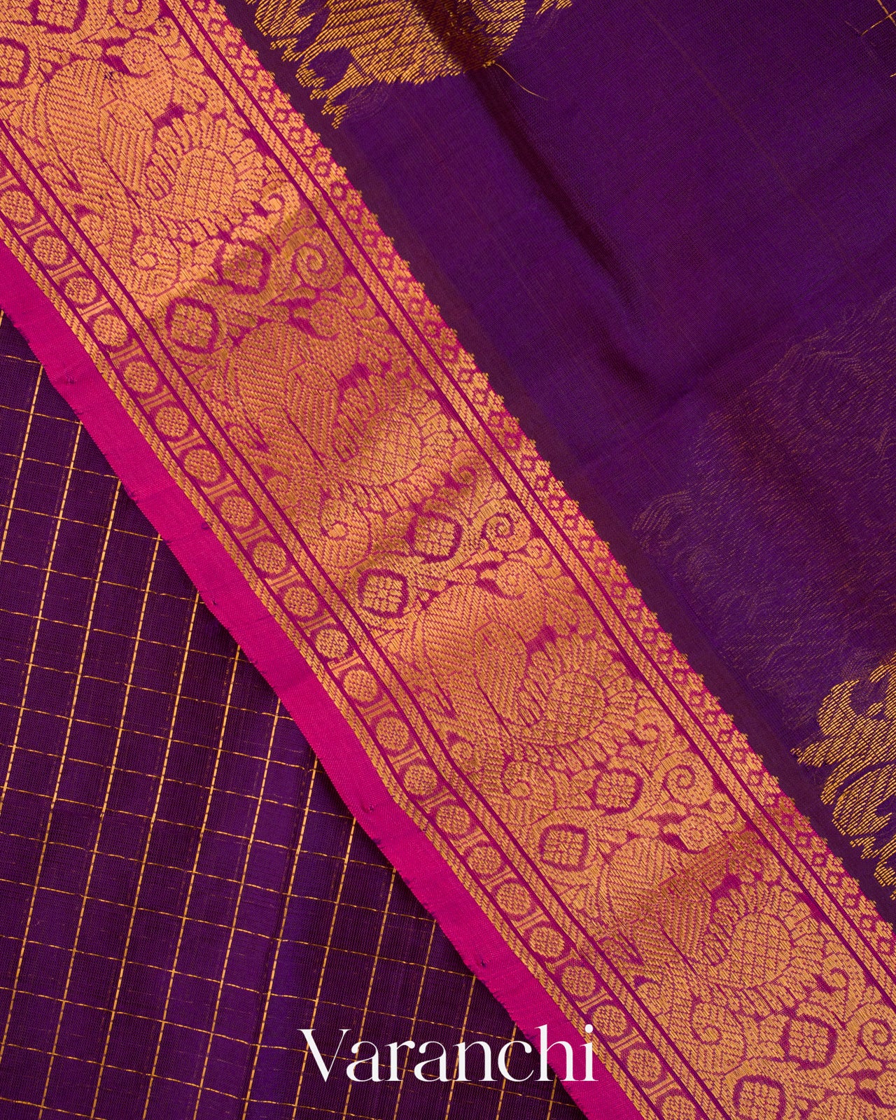 Purple Checkered Pure Kanchipuram Silk Cotton Handloom Saree