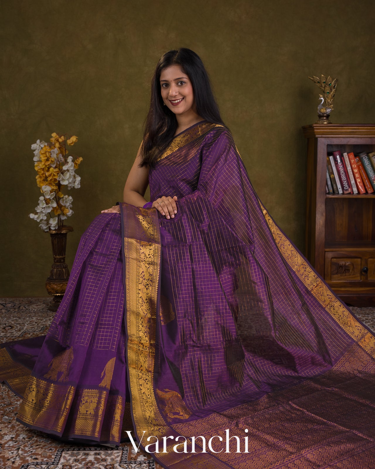 Purple Checkered Pure Kanchipuram Silk Cotton Handloom Saree — Draped