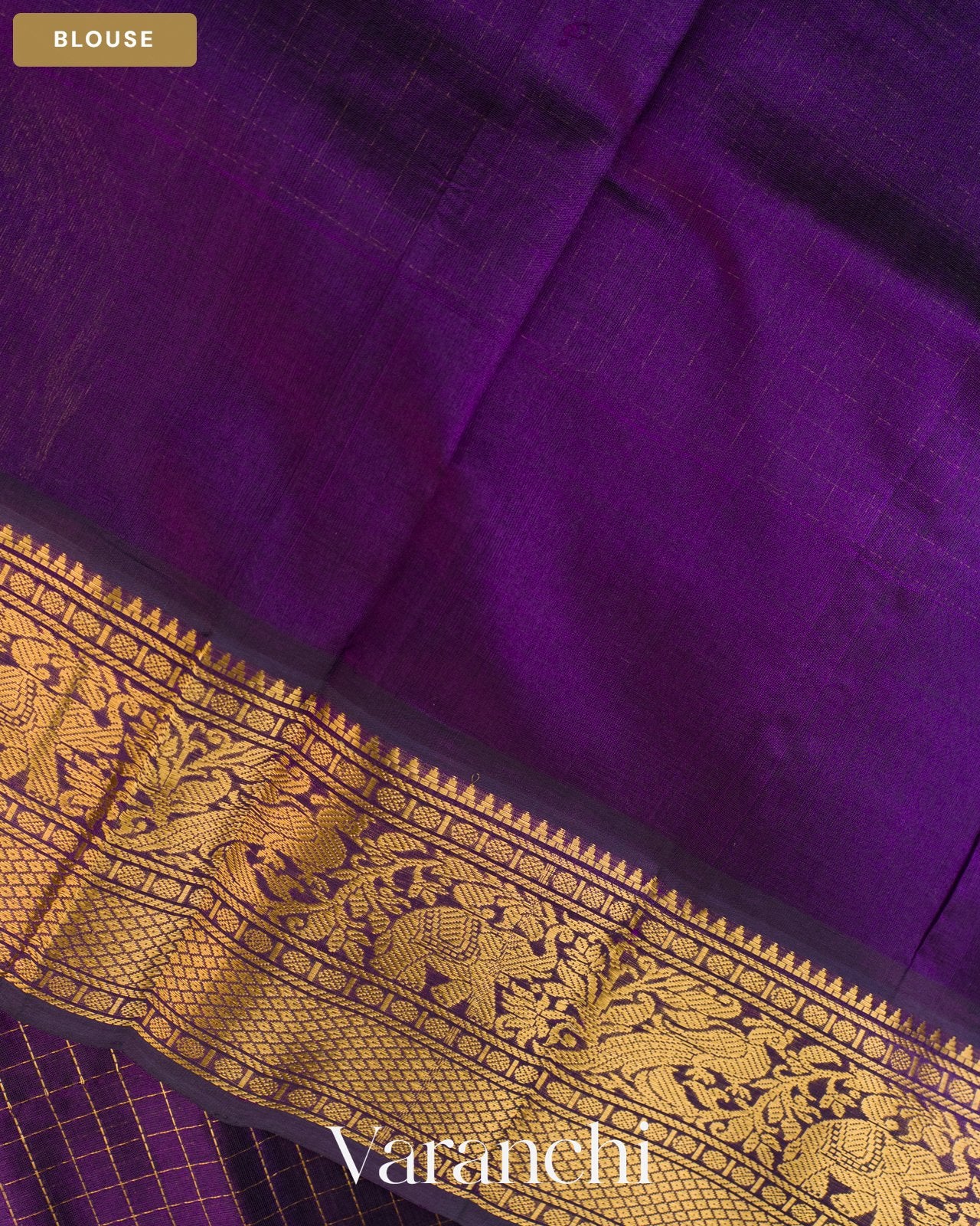 Purple Checkered Pure Kanchipuram Silk Cotton Handloom Saree — Blouse