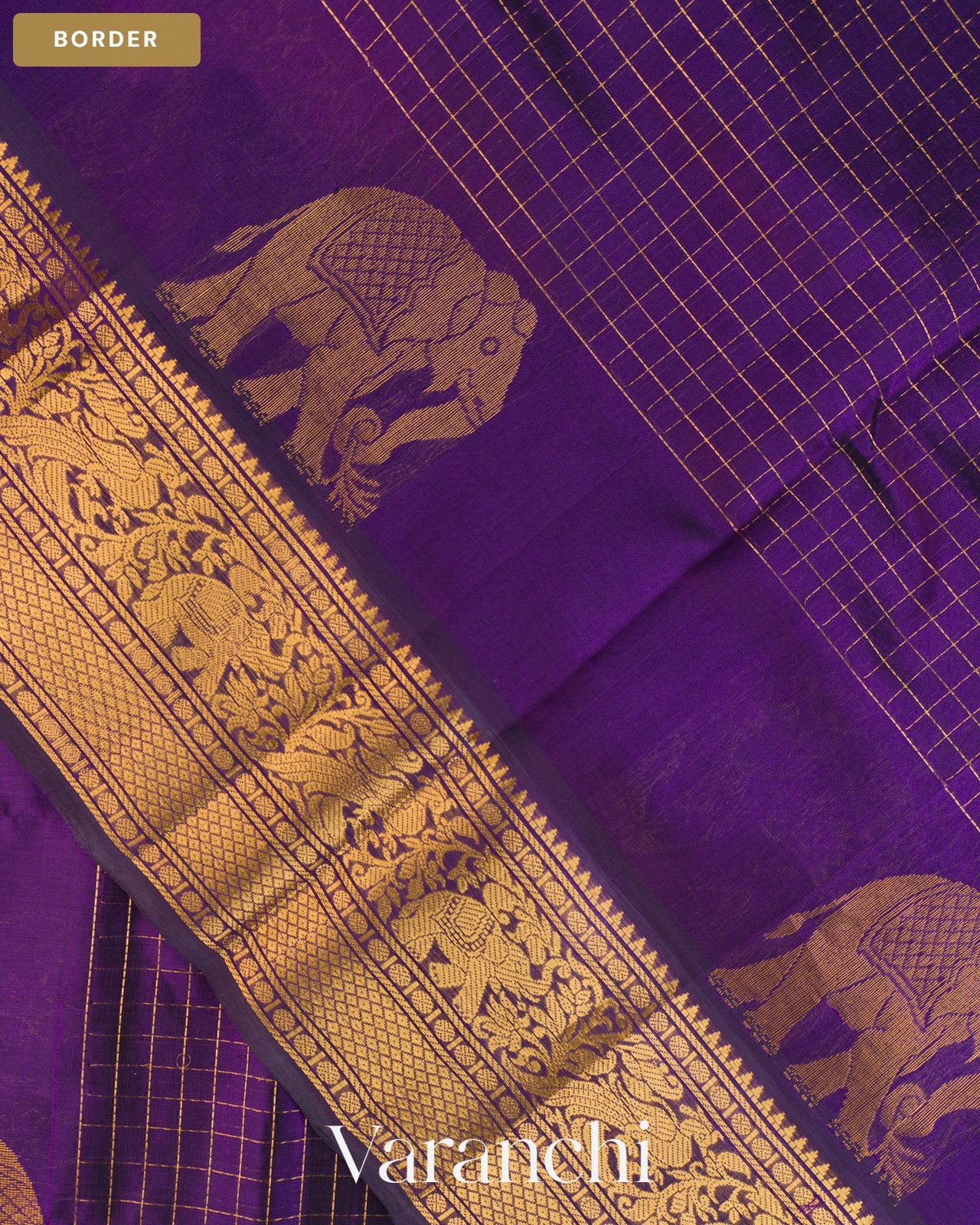 Purple Checkered Pure Kanchipuram Silk Cotton Handloom Saree — Border