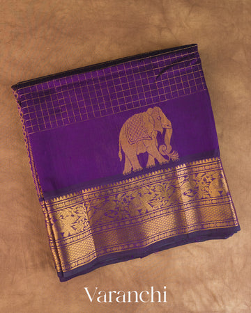 Purple Checkered Pure Kanchipuram Silk Cotton Handloom Saree — Folded