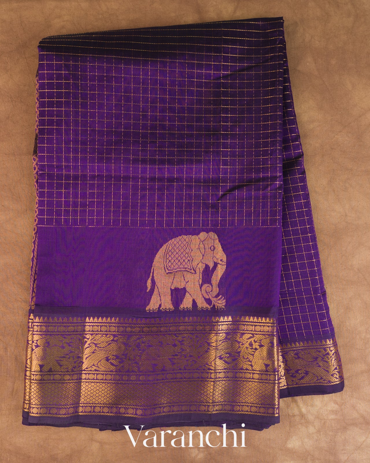 Purple Checkered Pure Kanchipuram Silk Cotton Handloom Saree — Full Saree