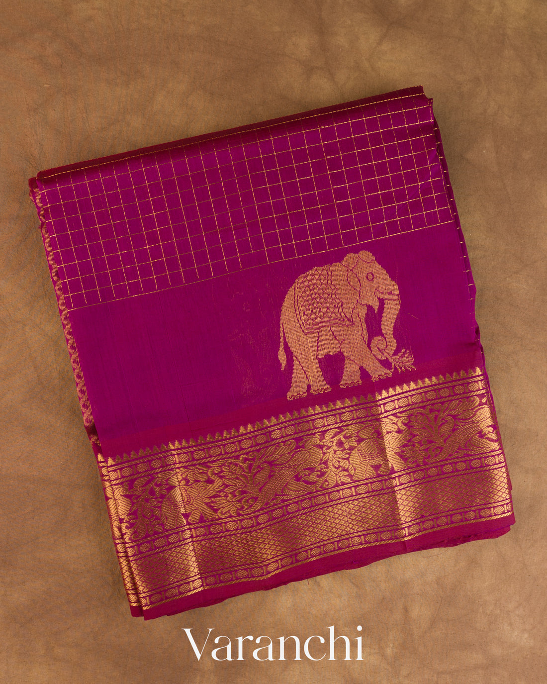 Magenta Checkered Pure Kanchipuram Silk Cotton Handloom Saree — Folded