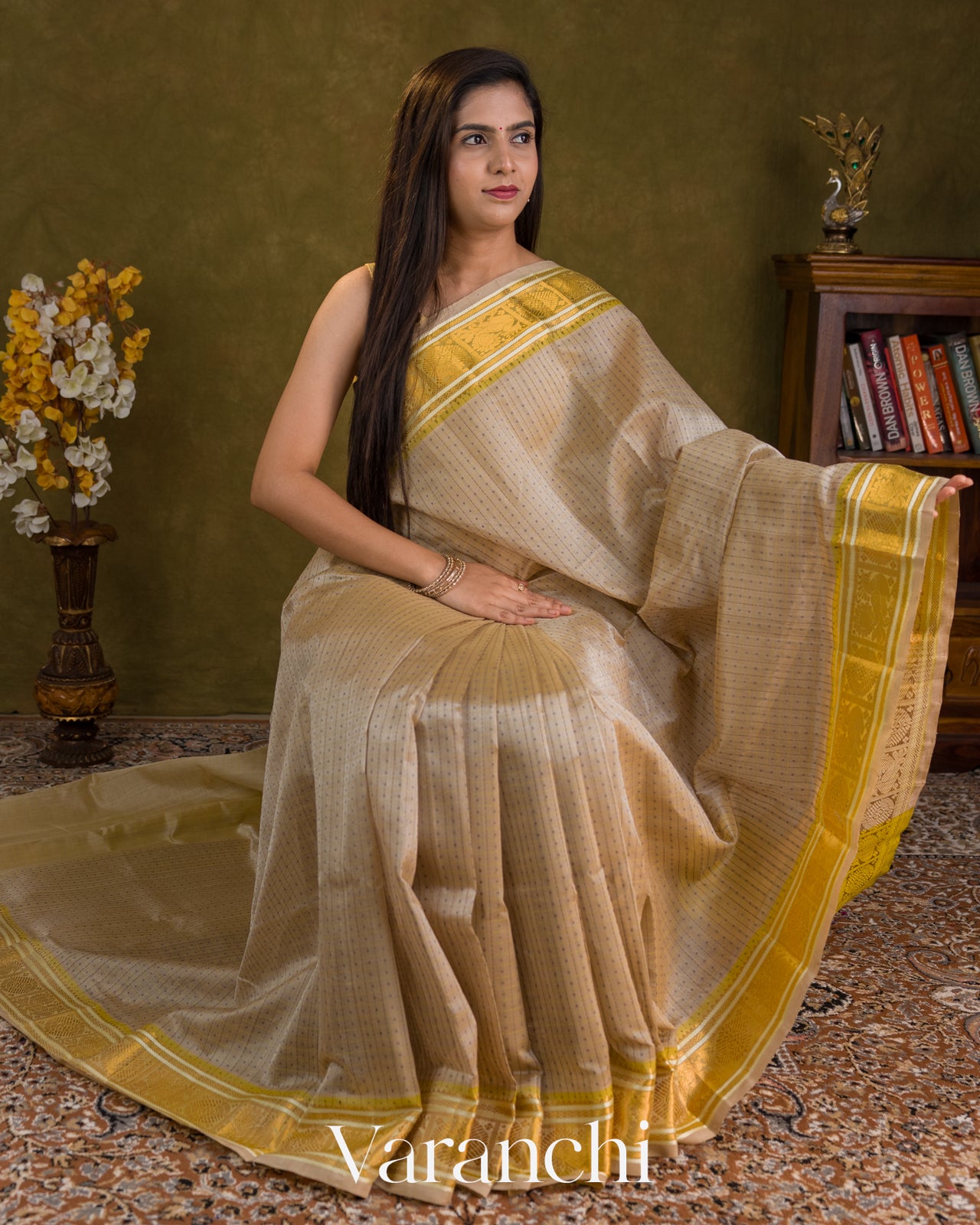 Cream Checkered Pure Kanchipuram Silk Cotton Handloom Saree — Draped