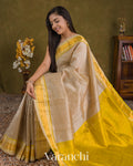 Cream Checkered Pure Kanchipuram Silk Cotton Handloom Saree — Draped
