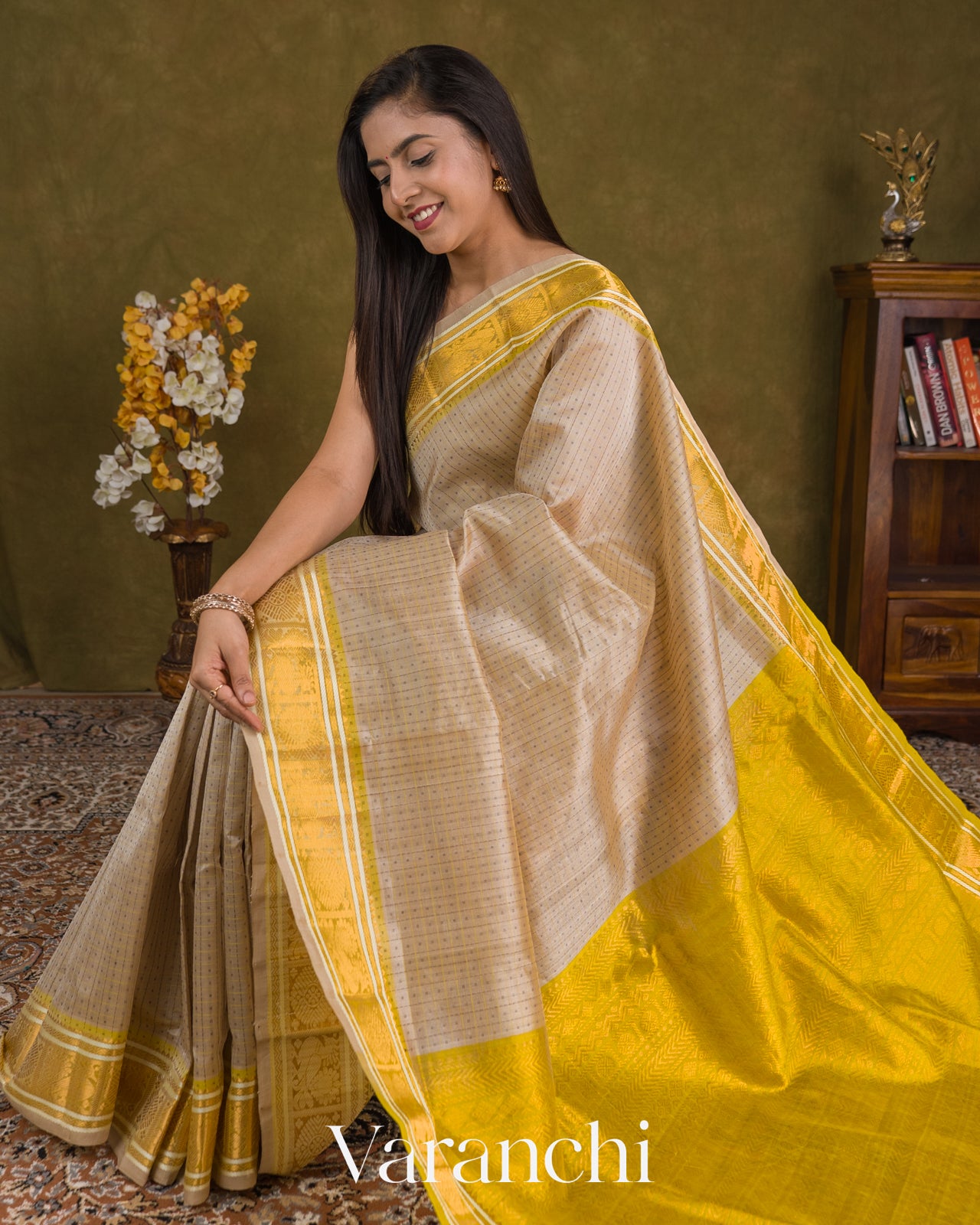 Cream Checkered Pure Kanchipuram Silk Cotton Handloom Saree — Draped
