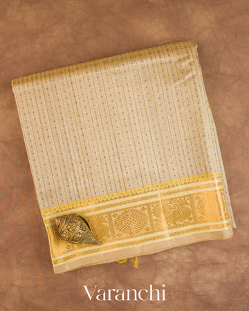 Cream Checkered Pure Kanchipuram Silk Cotton Handloom Saree