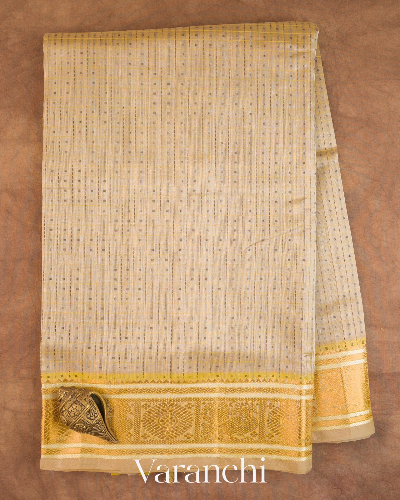 Cream Checkered Pure Kanchipuram Silk Cotton Handloom Saree