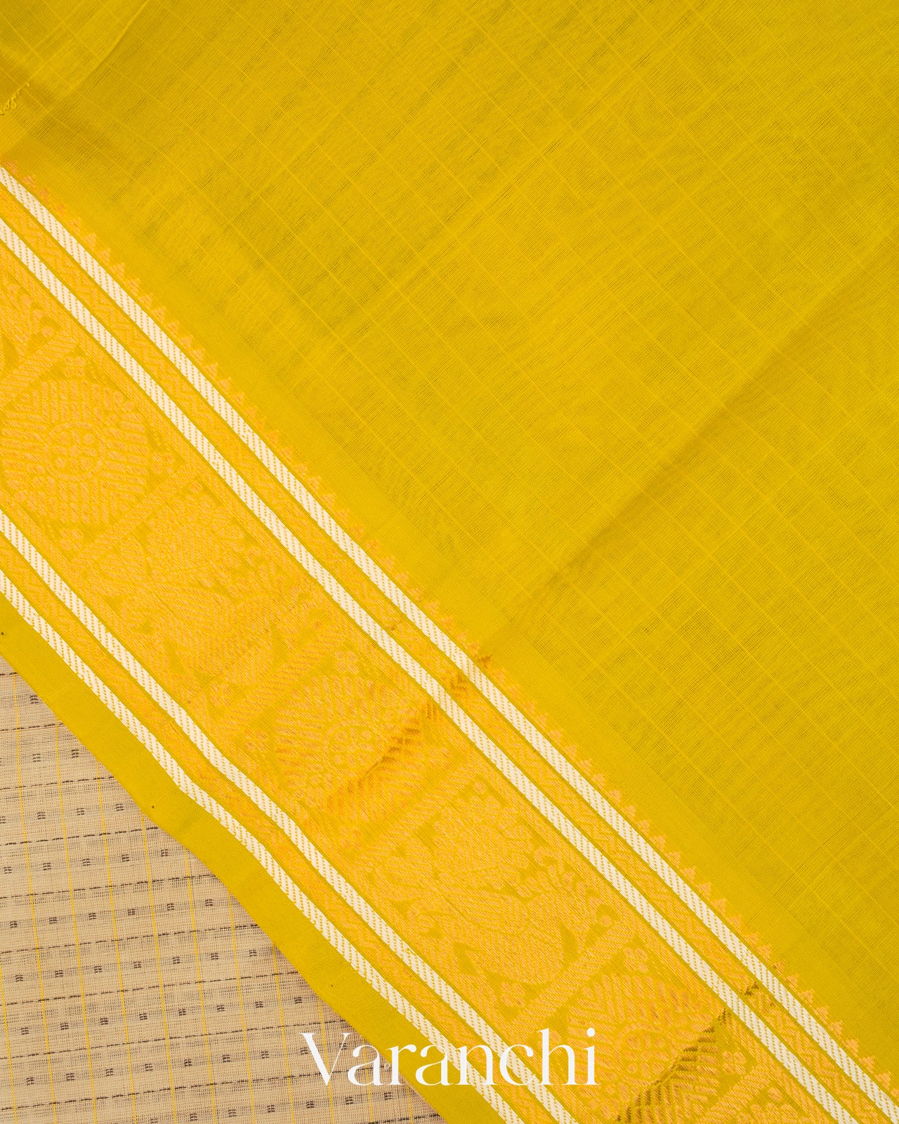 Cream Checkered Pure Kanchipuram Silk Cotton Handloom Saree