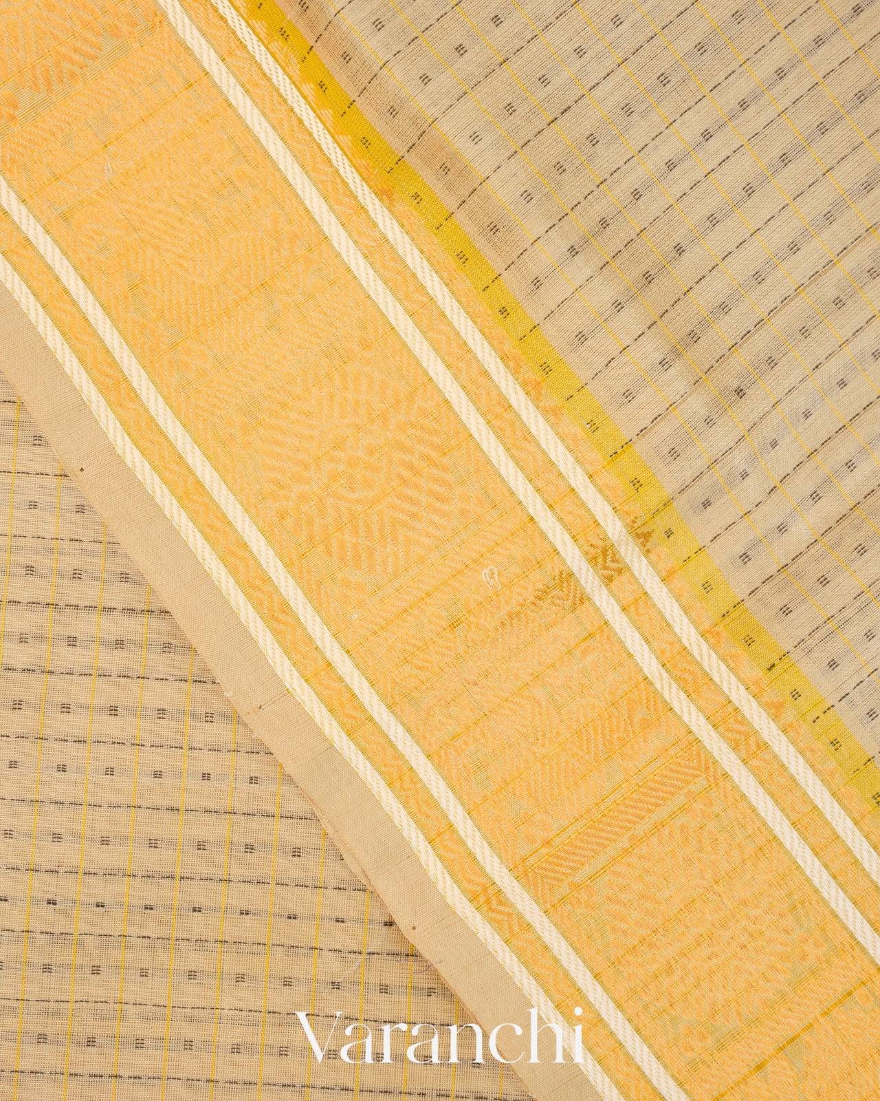 Cream Checkered Pure Kanchipuram Silk Cotton Handloom Saree