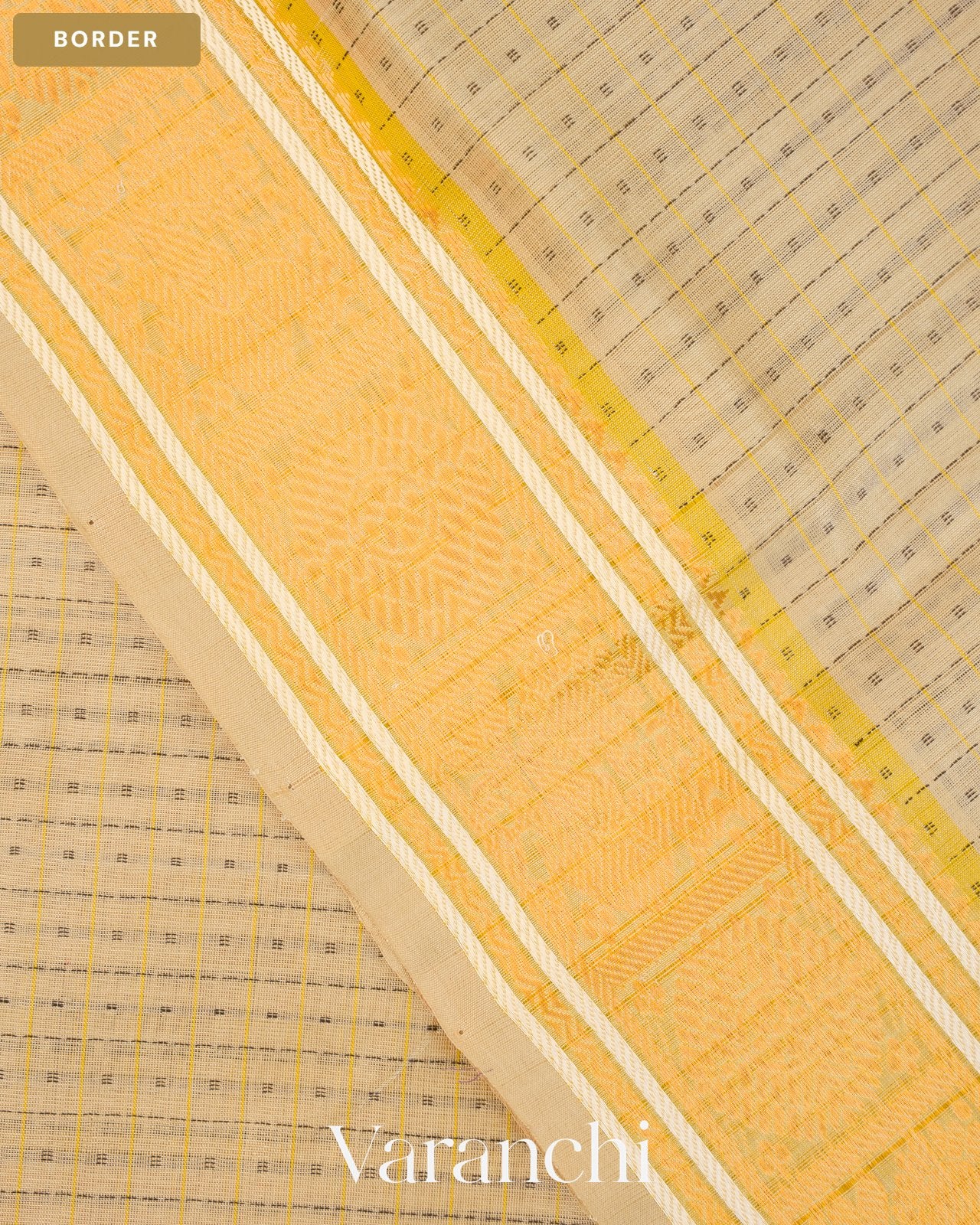 Cream Checkered Pure Kanchipuram Silk Cotton Handloom Saree — Border