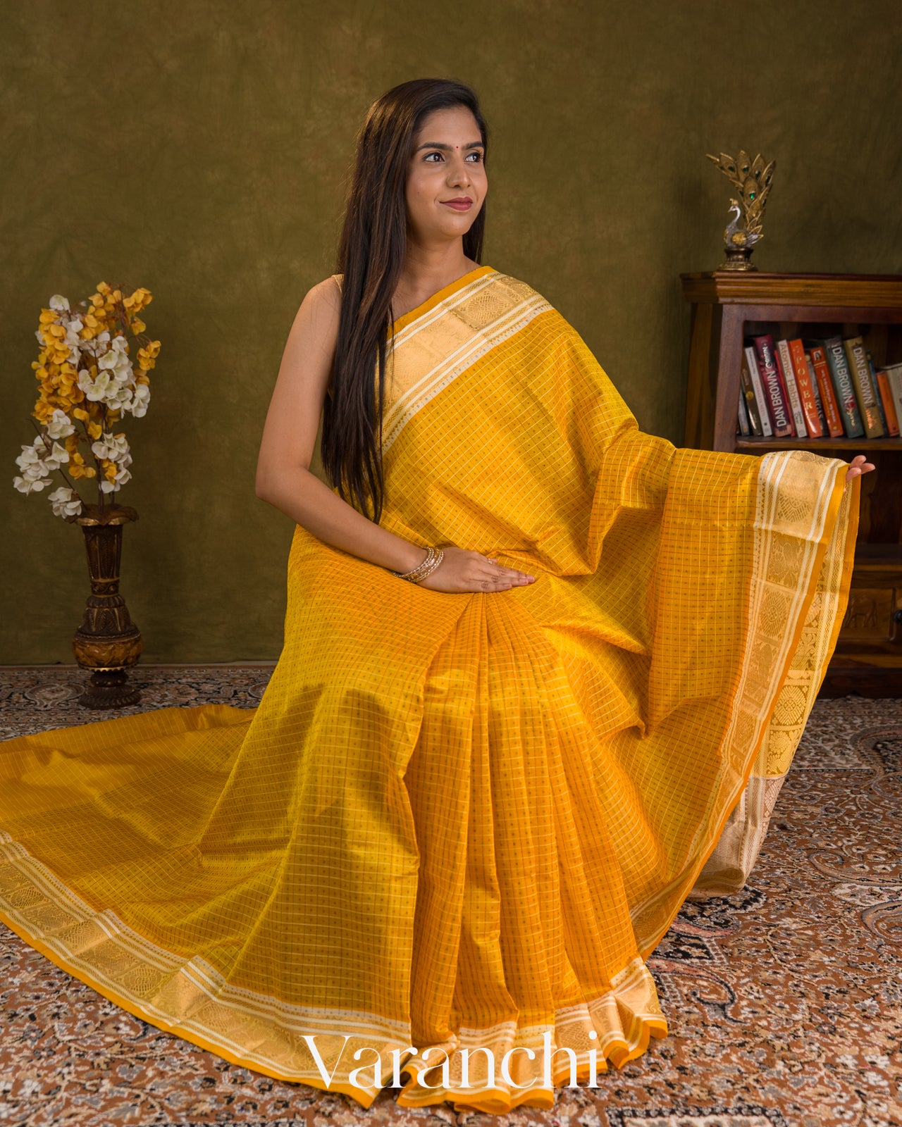 Mustard Yellow  Lakshadeepam Pure Kanchipuram Silk Cotton Handloom Saree — Draped