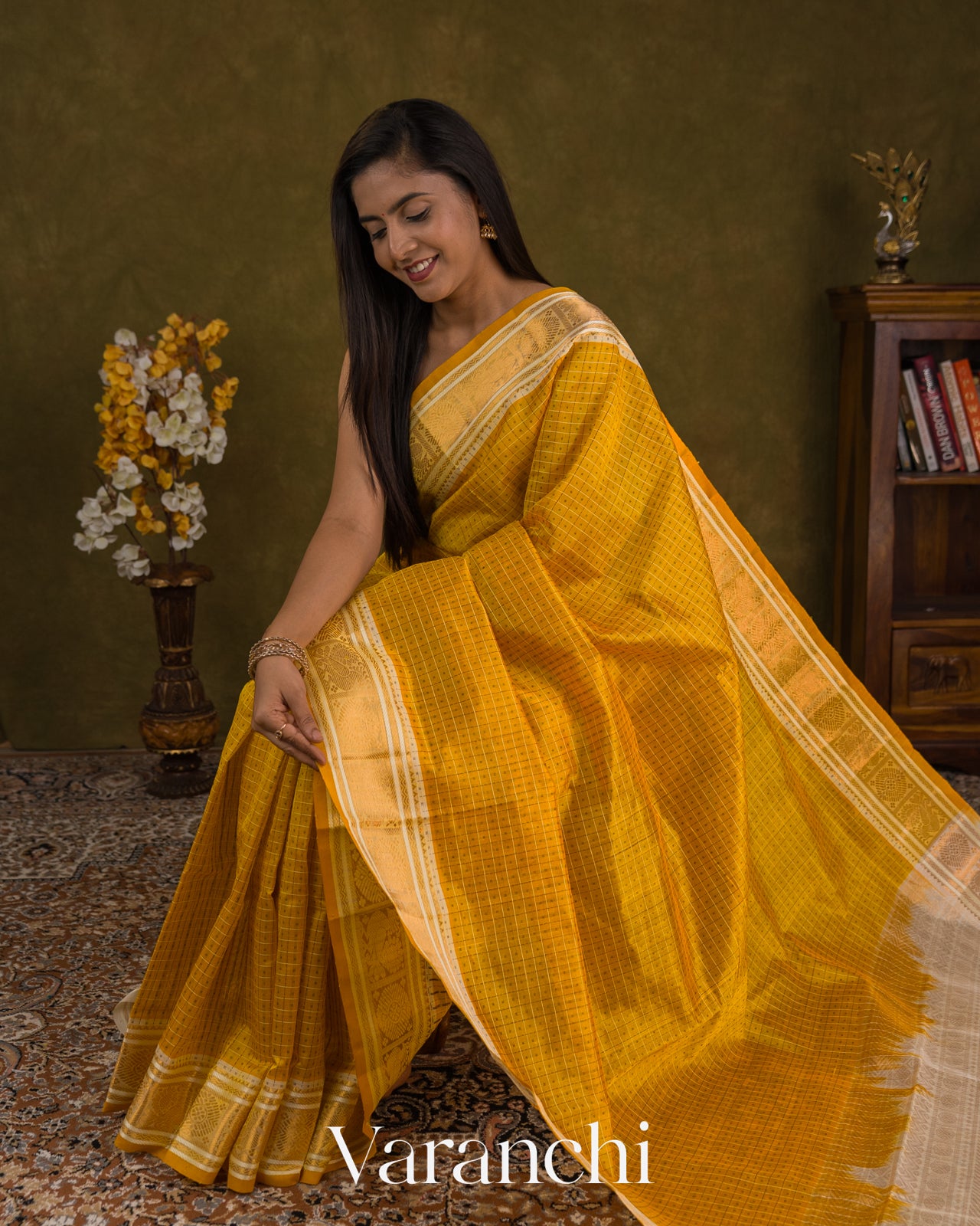 Mustard Yellow  Lakshadeepam Pure Kanchipuram Silk Cotton Handloom Saree — Draped