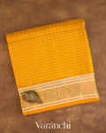 Mustard Yellow Checkered Pure Kanchipuram Silk Cotton Handloom Saree