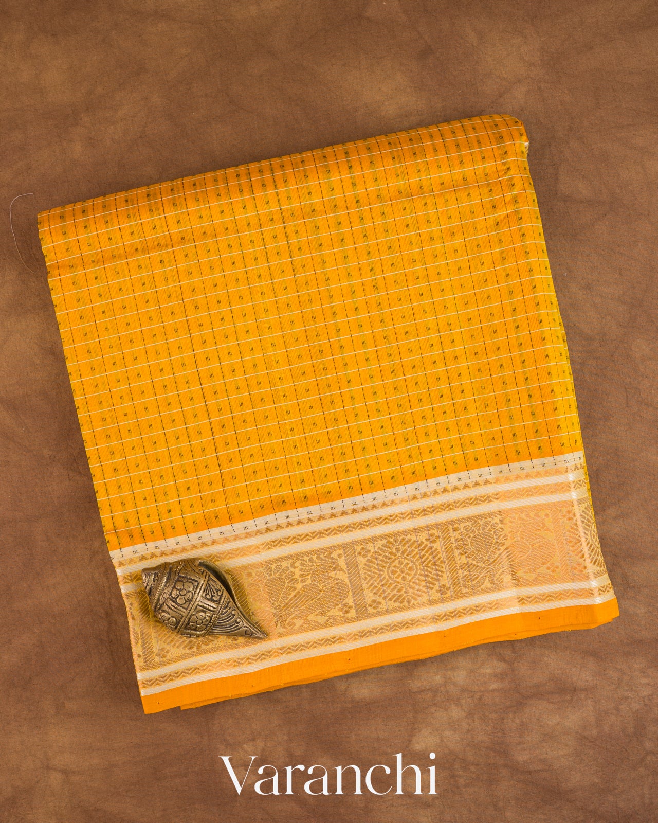 Mustard Yellow Checkered Pure Kanchipuram Silk Cotton Handloom Saree