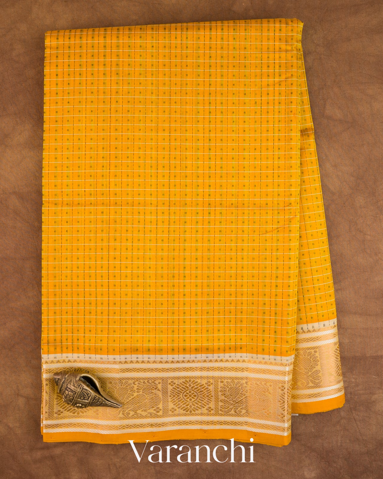 Mustard Yellow Checkered Pure Kanchipuram Silk Cotton Handloom Saree