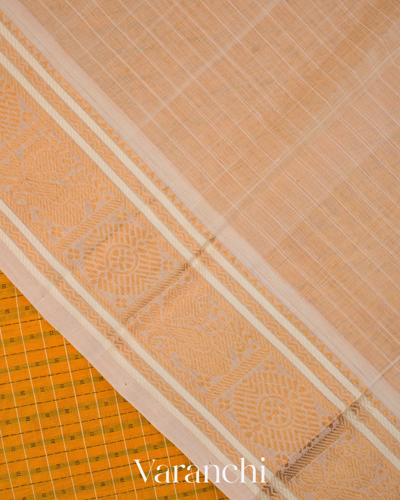 Mustard Yellow Checkered Pure Kanchipuram Silk Cotton Handloom Saree