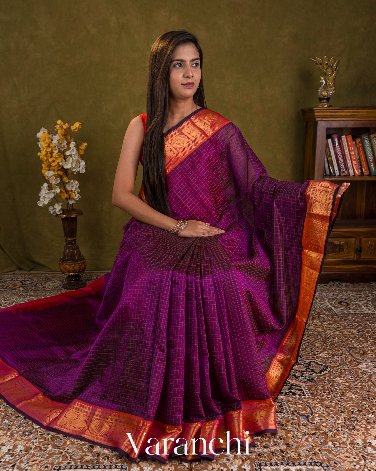 Royal Purple Lakshadeepam Pure Kanchipuram Silk Cotton Handloom Saree — Draped