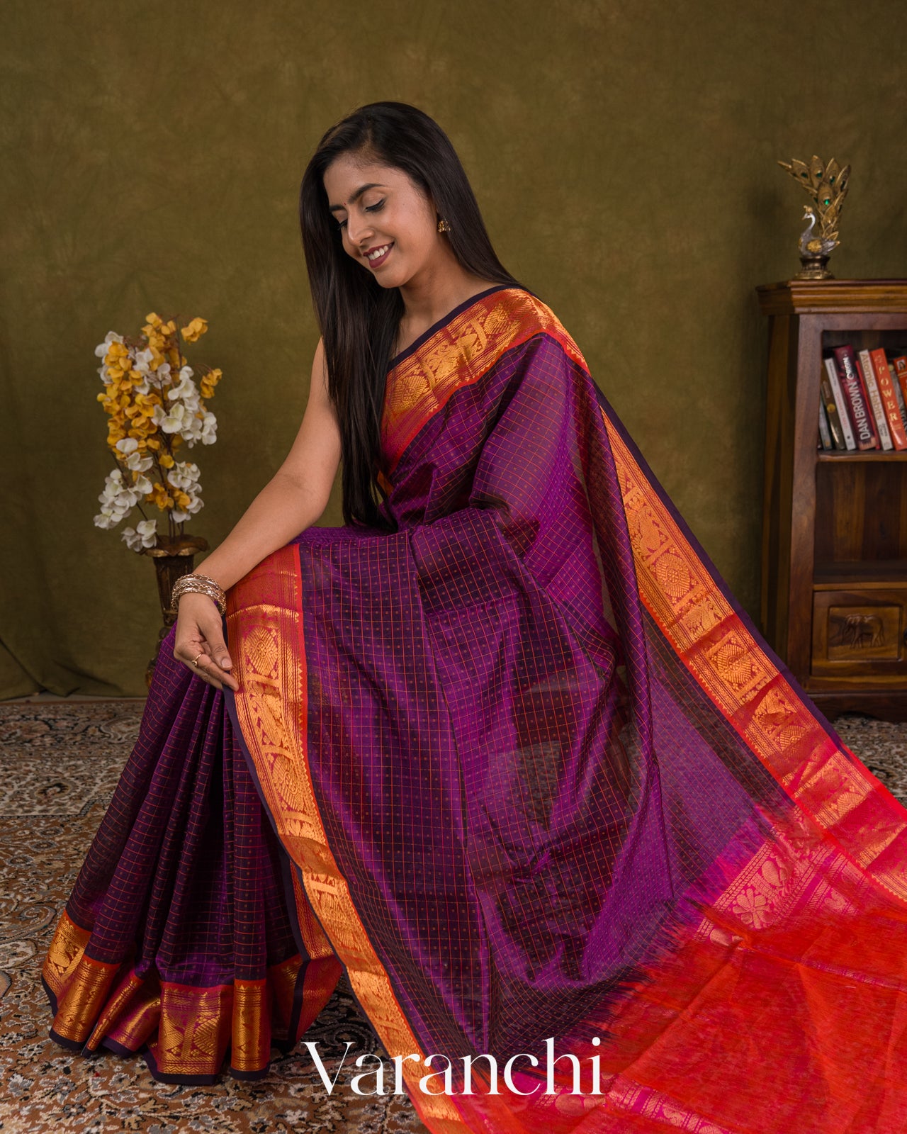 Royal Purple Lakshadeepam Pure Kanchipuram Silk Cotton Handloom Saree — Draped