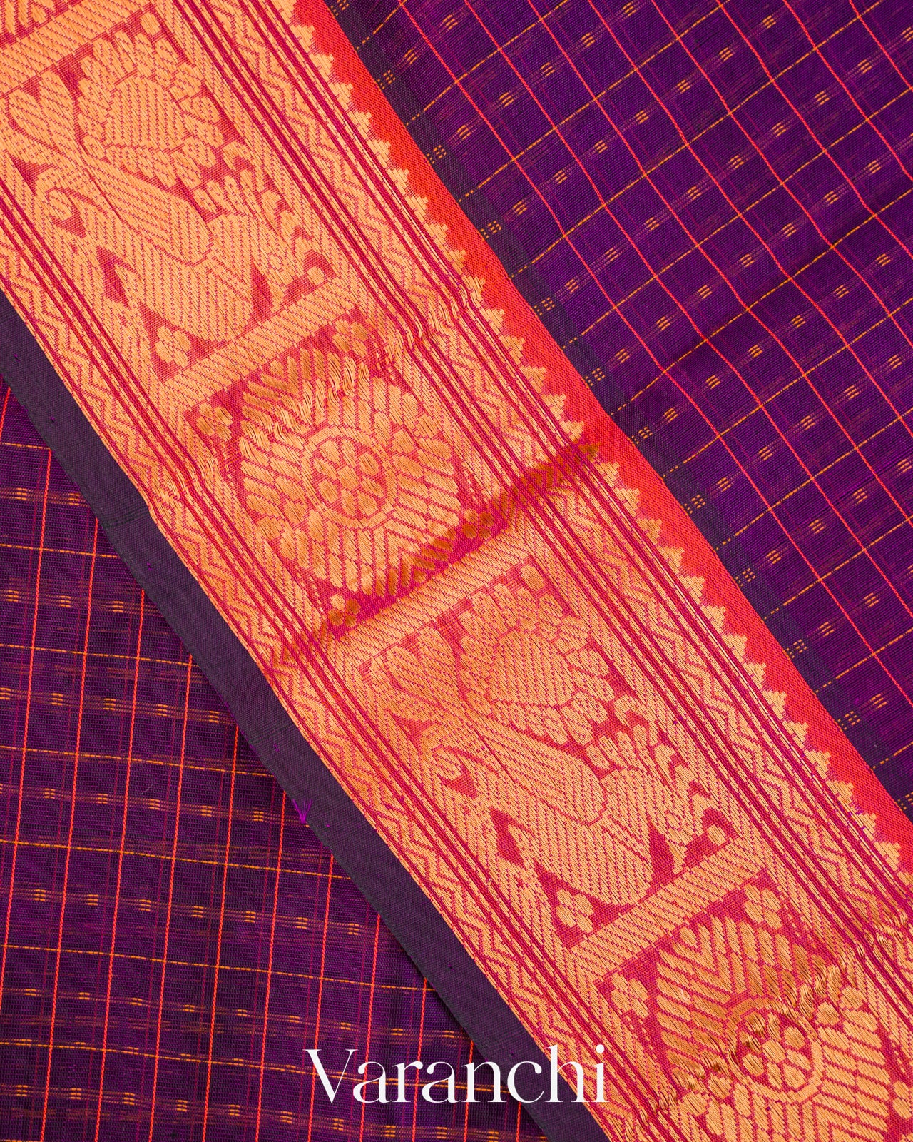 Royal Purple Checkered Pure Kanchipuram Silk Cotton Handloom Saree