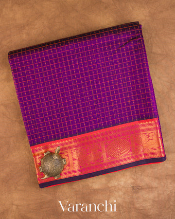 Royal Purple Checkered Pure Kanchipuram Silk Cotton Handloom Saree