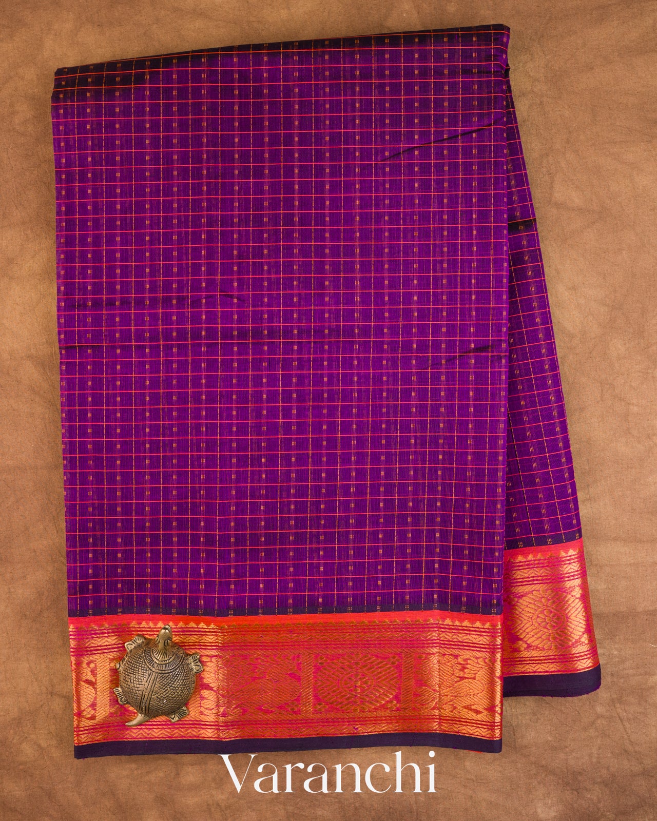 Royal Purple Checkered Pure Kanchipuram Silk Cotton Handloom Saree