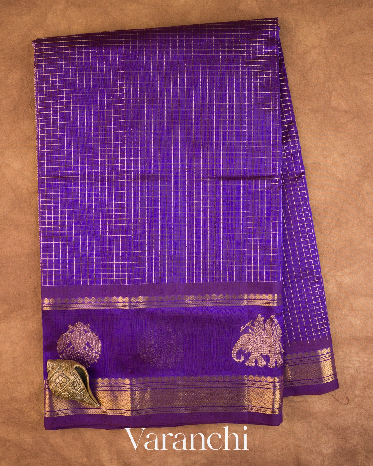 Royal Purple Checkered Pure Kanchipuram Silk Cotton Handloom Saree