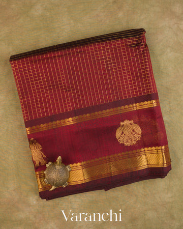 Maroon Checkered Pure Kanchipuram Silk Cotton Handloom Saree