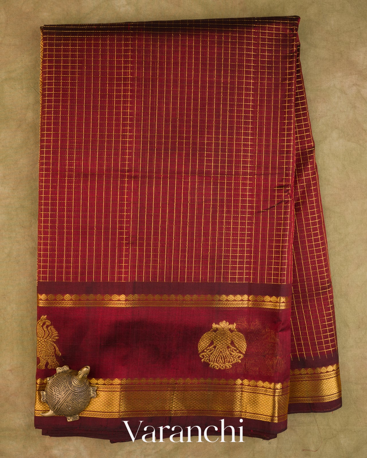 Maroon Checkered Pure Kanchipuram Silk Cotton Handloom Saree