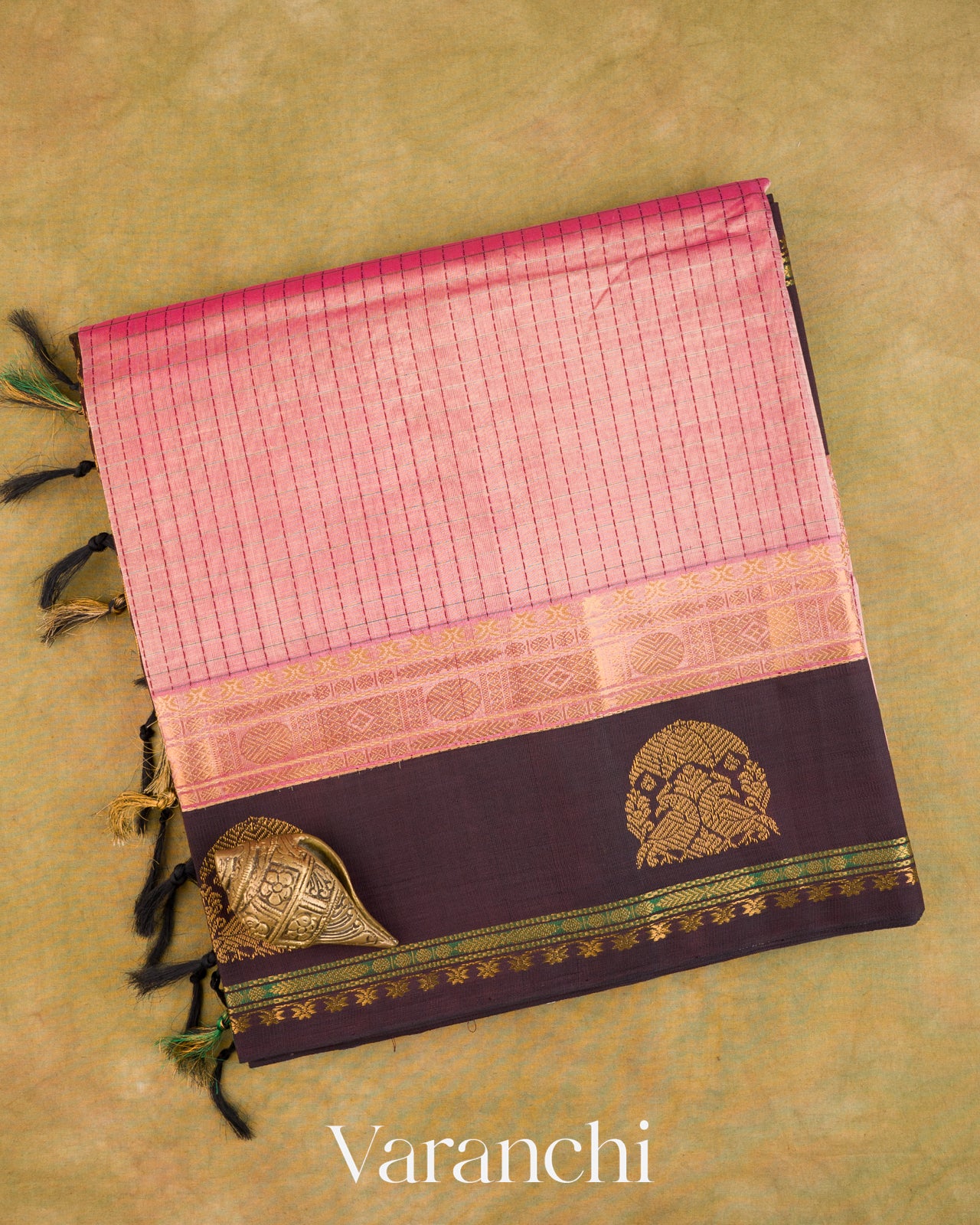 Rose Pink Checkered Pure Kanchipuram Silk Cotton Handloom Saree