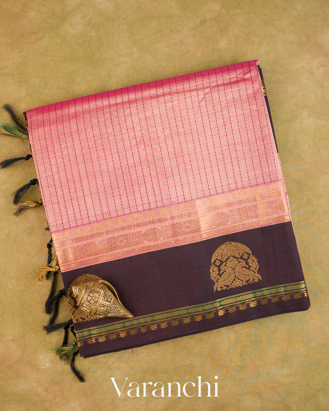 Rose Pink Checkered Pure Kanchipuram Silk Cotton Handloom Saree — Folded