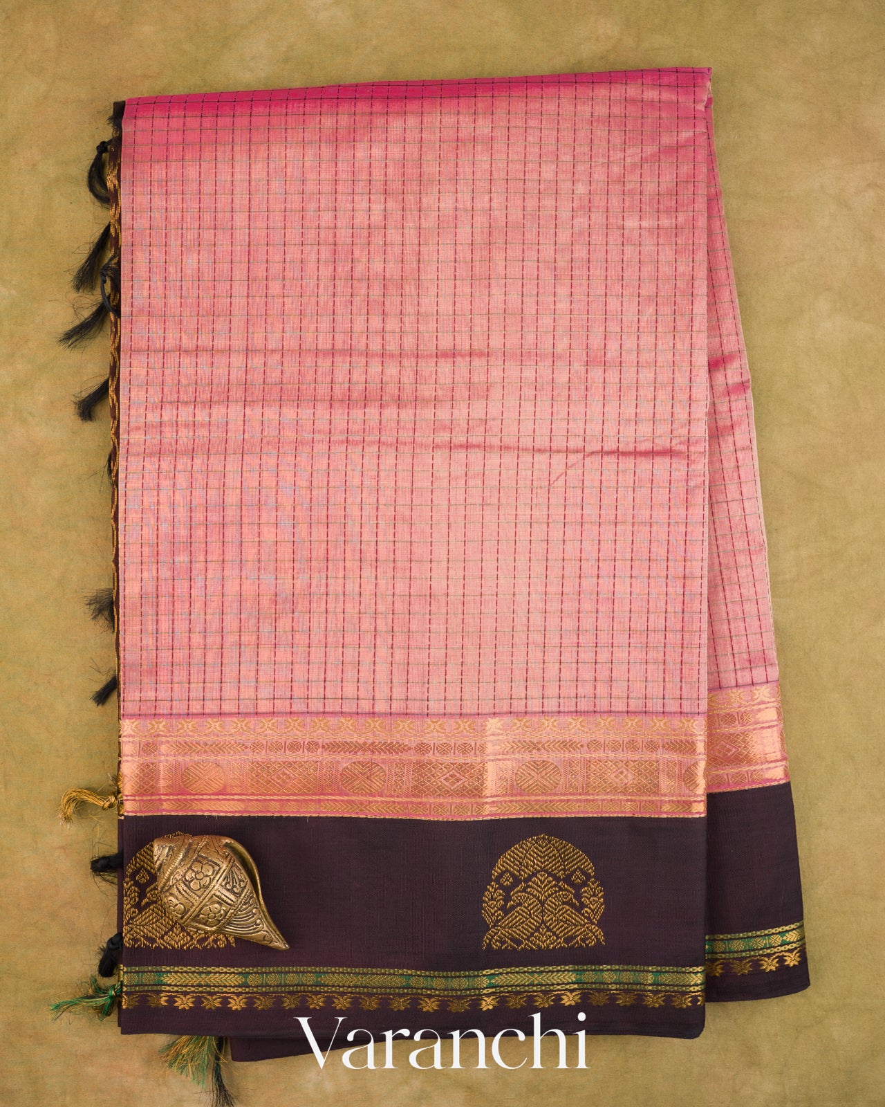 Rose Pink Checkered Pure Kanchipuram Silk Cotton Handloom Saree