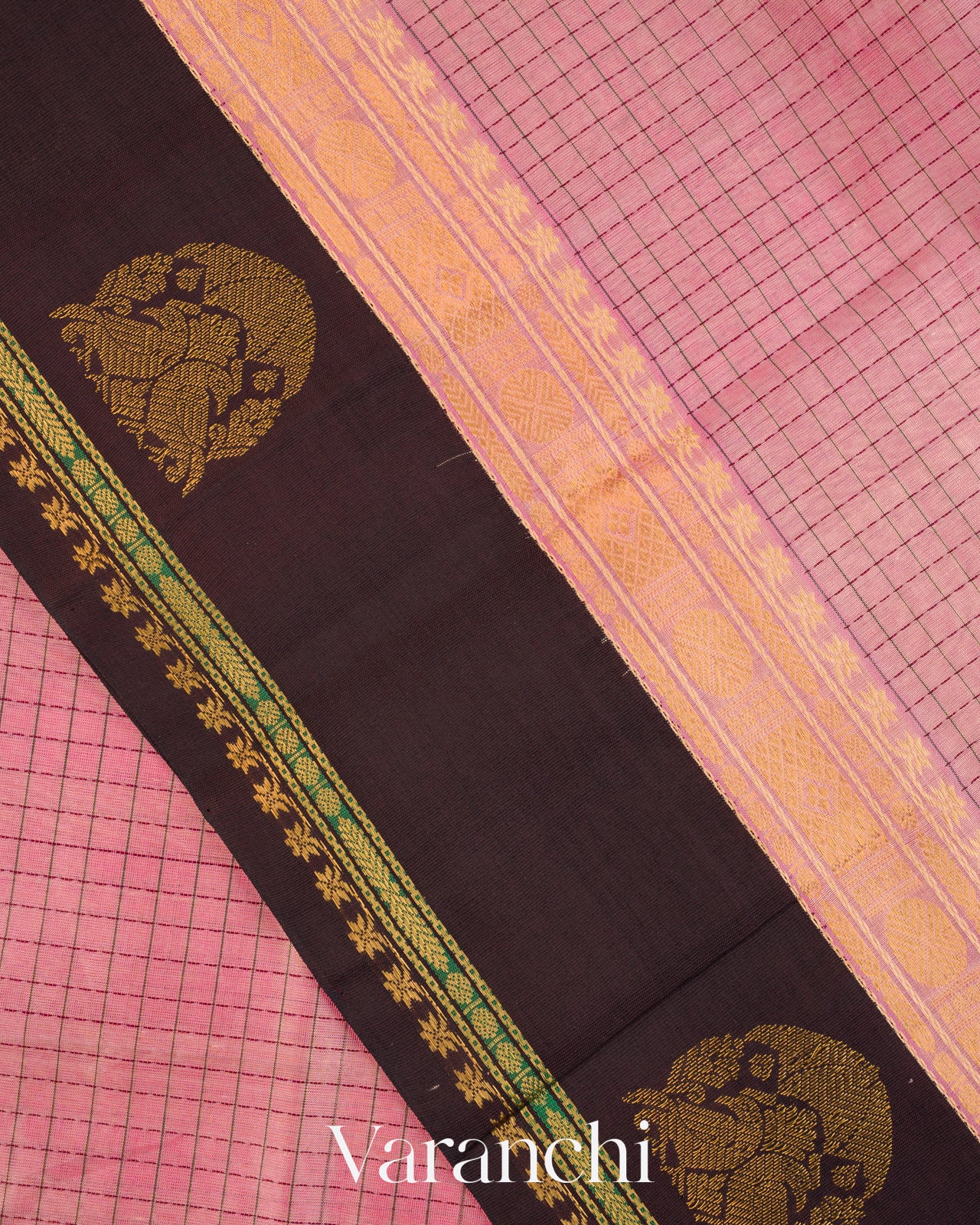 Rose Pink Checkered Pure Kanchipuram Silk Cotton Handloom Saree