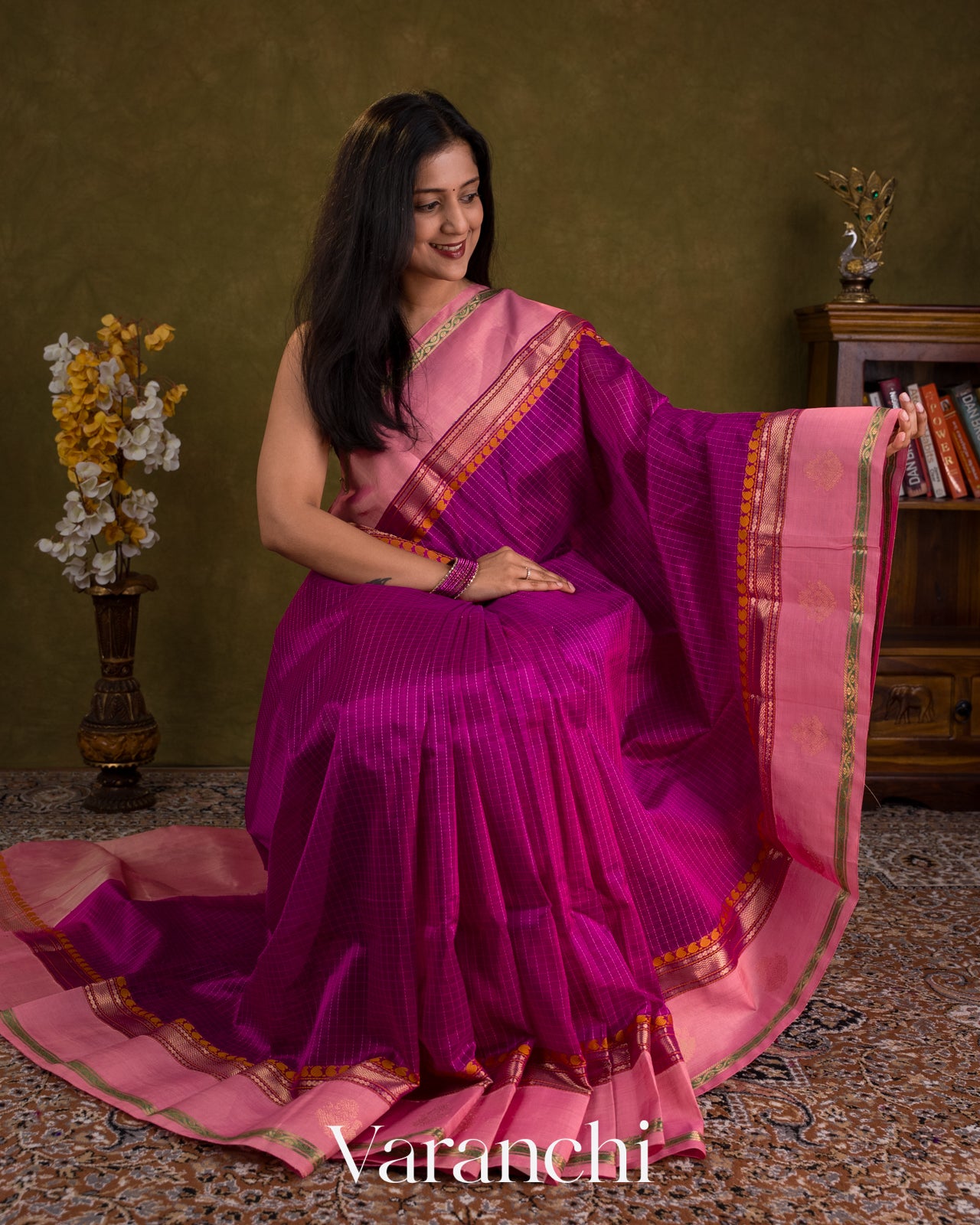 Magenta Checkered Pure Kanchipuram Silk Cotton Handloom Saree — Draped