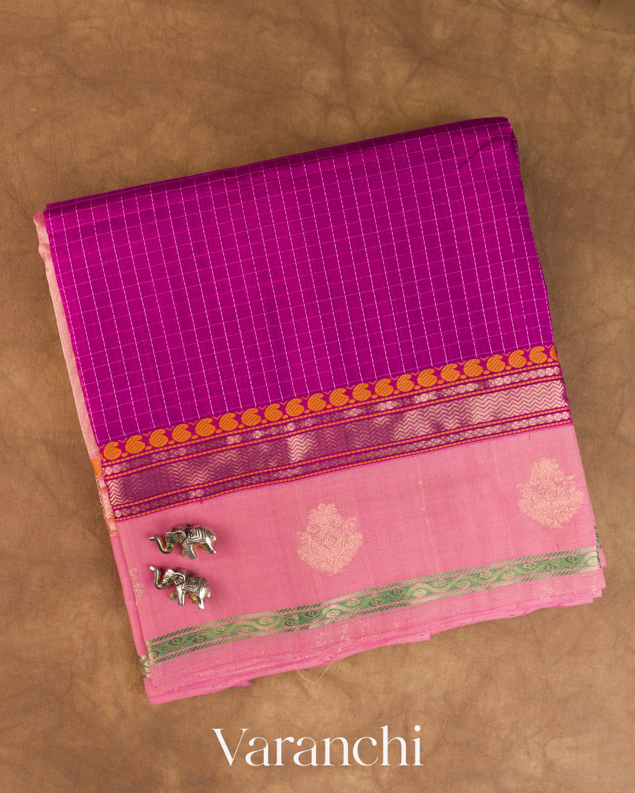Magenta Checkered Pure Kanchipuram Silk Cotton Handloom Saree — Folded