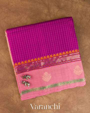 Magenta Checkered Pure Kanchipuram Silk Cotton Handloom Saree — Folded