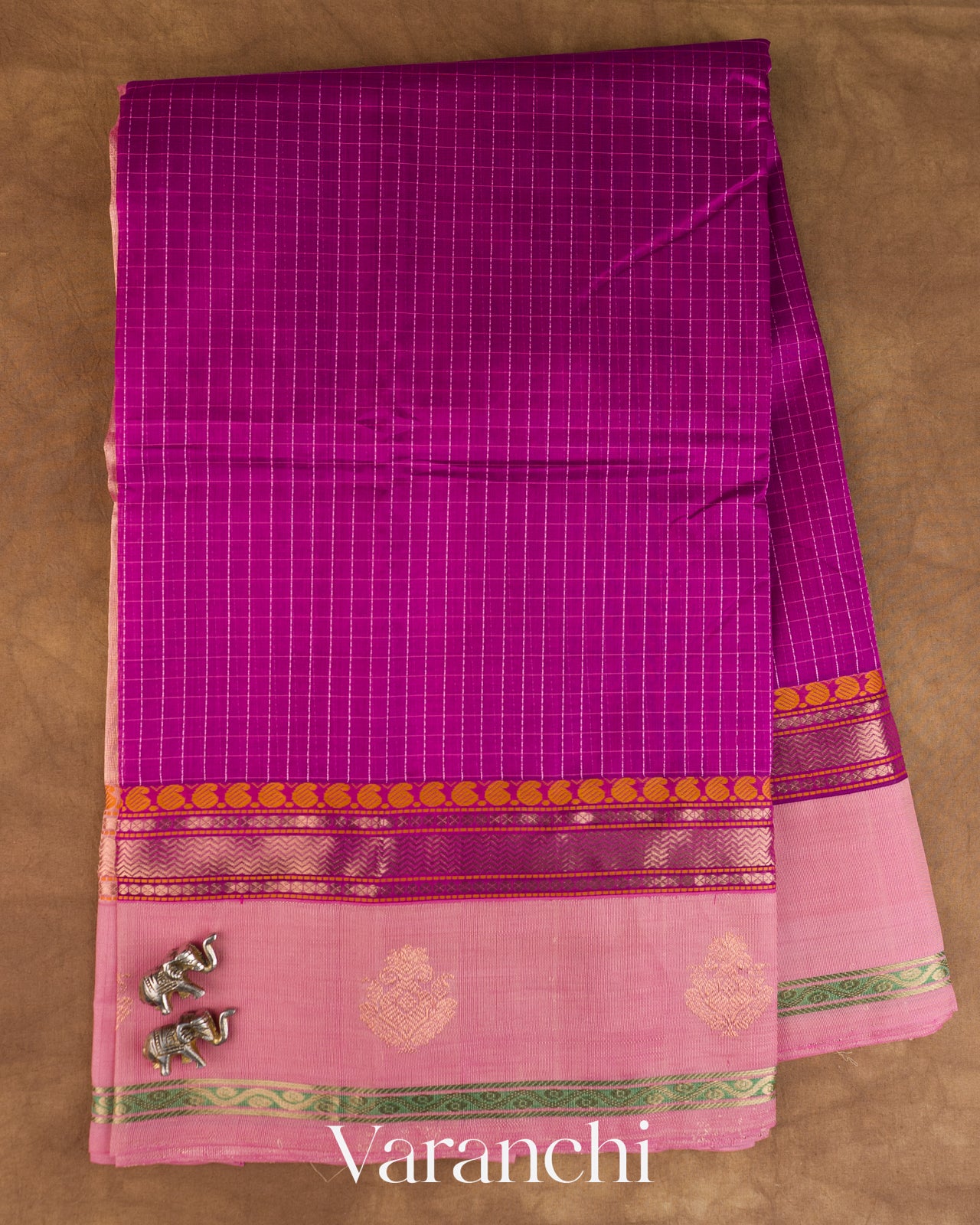 Magenta Checkered Pure Kanchipuram Silk Cotton Handloom Saree — Full Saree