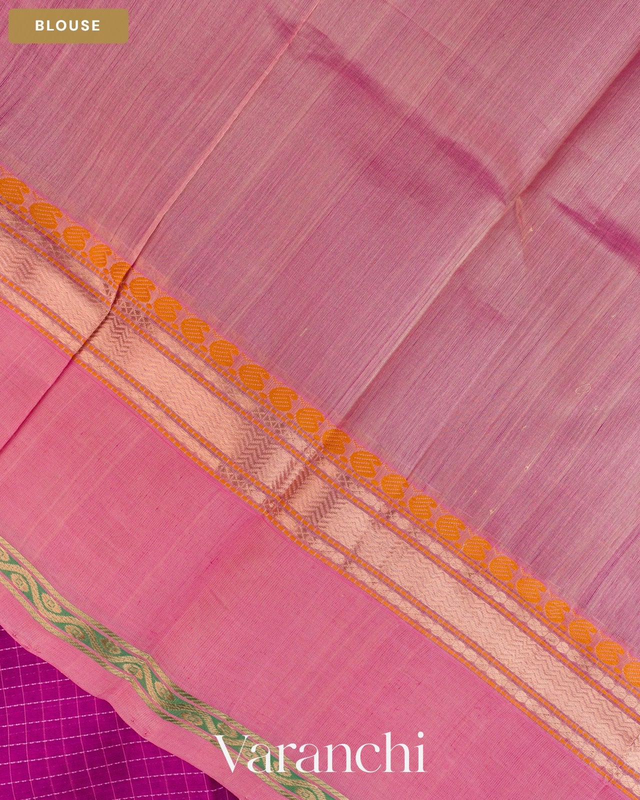 Magenta Checkered Pure Kanchipuram Silk Cotton Handloom Saree — Blouse