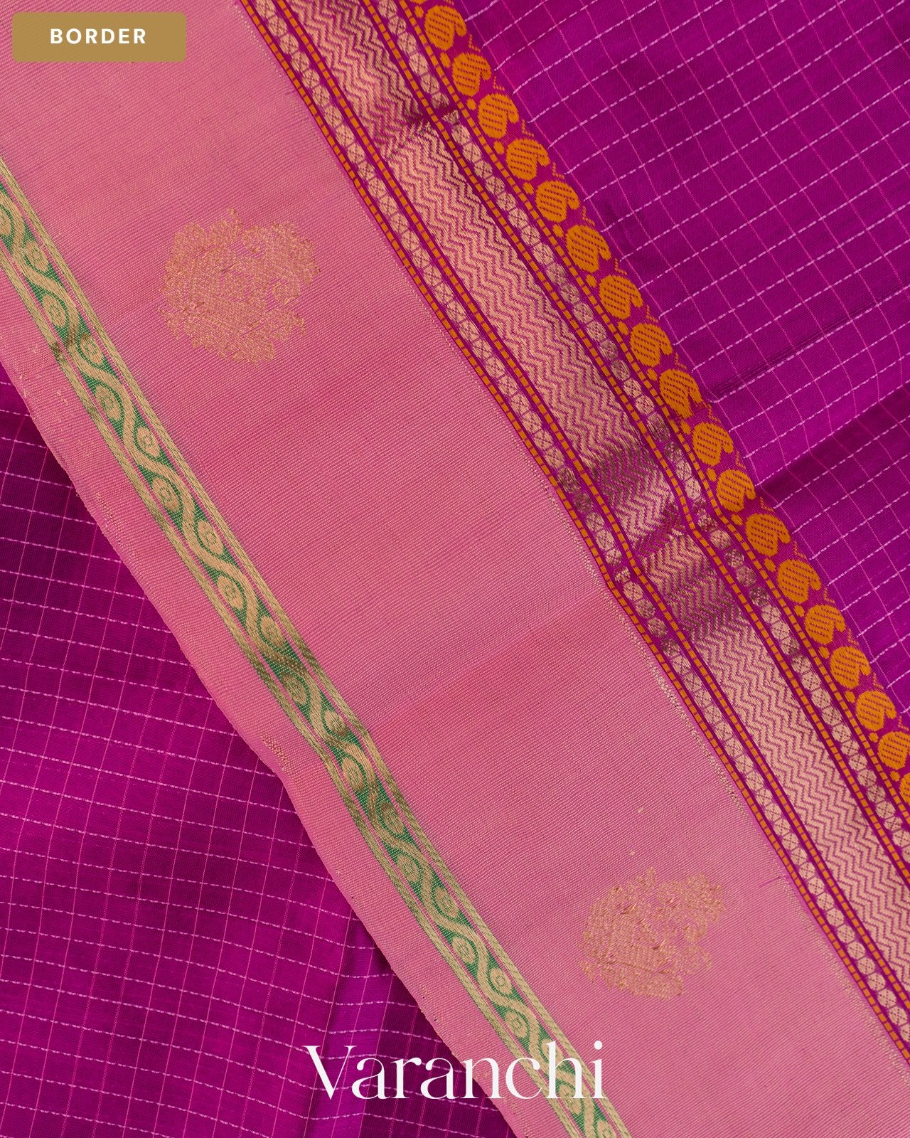 Magenta Checkered Pure Kanchipuram Silk Cotton Handloom Saree — Border