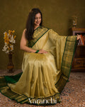 Beige Pure Kanchipuram Silk Cotton Handloom Saree — Draped