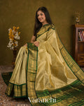 Beige Pure Kanchipuram Silk Cotton Handloom Saree — Draped